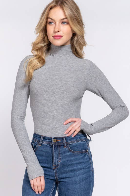 Bridget Grey Long Sleeve Turtle Neck Ribbed Bodysuit