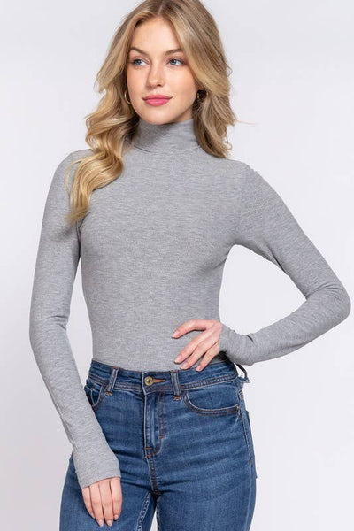 Bridget Grey Long Sleeve Turtle Neck Ribbed Bodysuit
