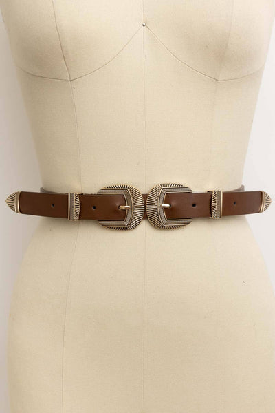 Double Buckle Faux Leather Western Style Belt: Black