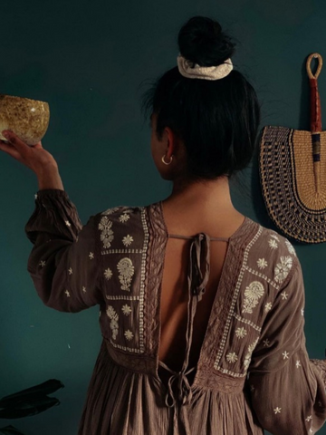 Kyra Embroidered Dress in Mocha