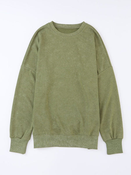 Oversized Green Drop Shoulder Ribbed Trim Crew Neck Sweatshirt