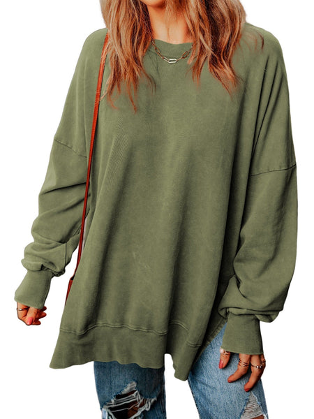 Oversized Green Drop Shoulder Ribbed Trim Crew Neck Sweatshirt