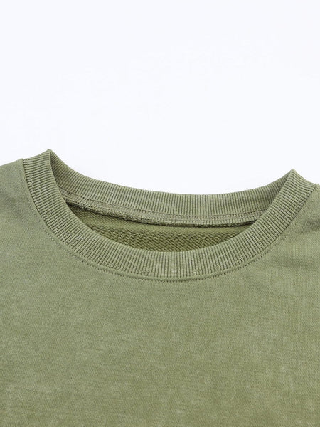 Oversized Green Drop Shoulder Ribbed Trim Crew Neck Sweatshirt
