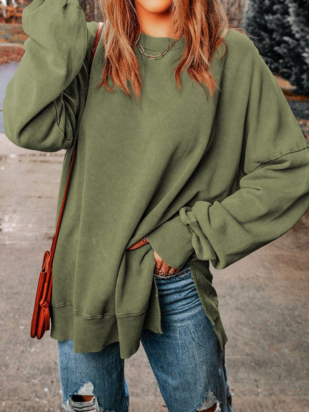 Oversized Green Drop Shoulder Ribbed Trim Crew Neck Sweatshirt