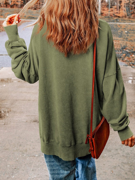 Oversized Green Drop Shoulder Ribbed Trim Crew Neck Sweatshirt