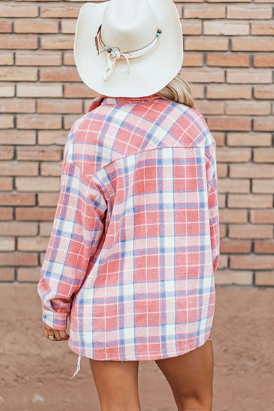 Women's Oversized Rose and Ivory Plaid Flannel Shacket with Flap Pockets with practical styling and dependable silhouette control.