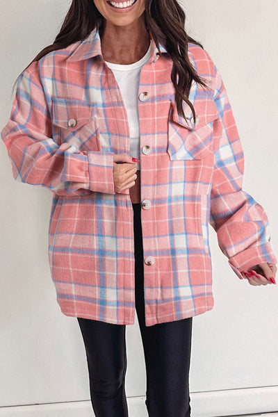 Women's Oversized Rose and Ivory Plaid Flannel Shacket with Flap Pockets with practical styling and dependable silhouette control.