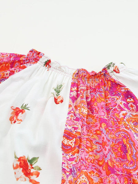 Patchwork Floral V-Neck Button Blouse with Shirred Cuffs