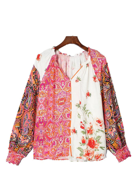 Patchwork Floral V-Neck Button Blouse with Shirred Cuffs