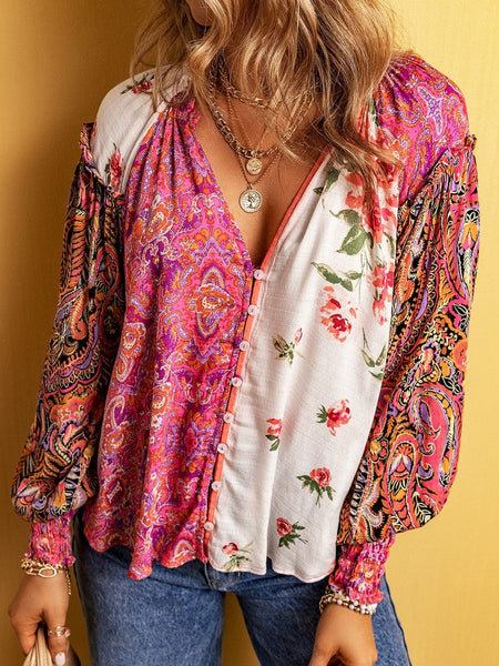 Patchwork Floral V-Neck Button Blouse with Shirred Cuffs