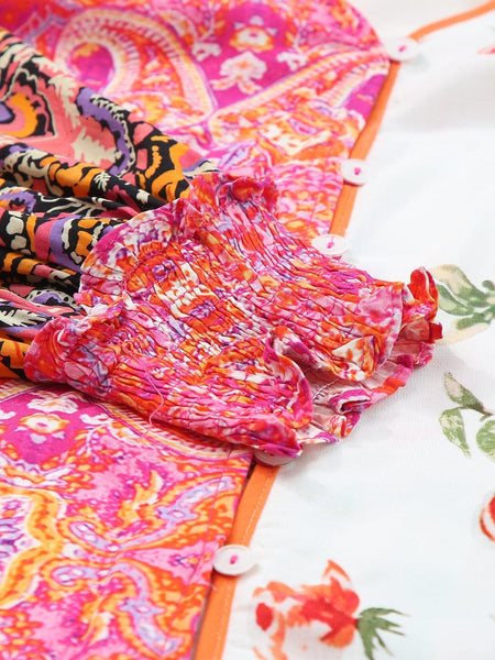 Patchwork Floral V-Neck Button Blouse with Shirred Cuffs