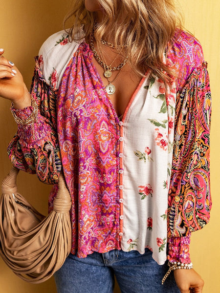 Patchwork Floral V-Neck Button Blouse with Shirred Cuffs
