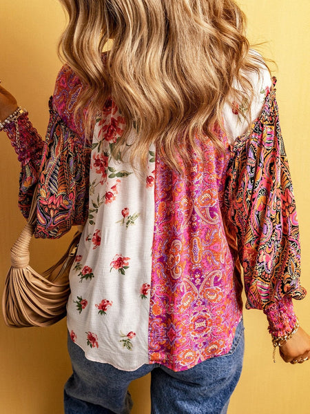 Patchwork Floral V-Neck Button Blouse with Shirred Cuffs