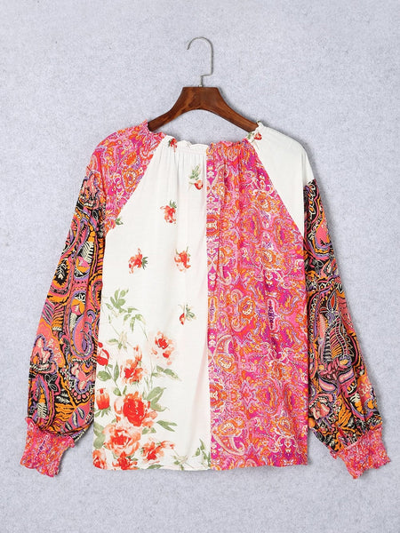 Patchwork Floral V-Neck Button Blouse with Shirred Cuffs