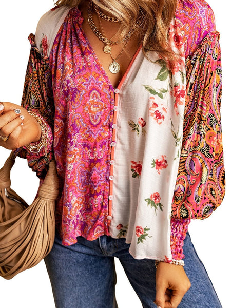 Patchwork Floral V-Neck Button Blouse with Shirred Cuffs