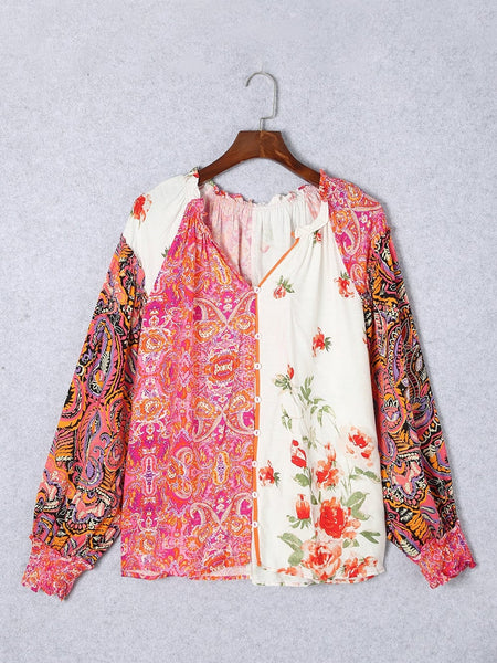 Patchwork Floral V-Neck Button Blouse with Shirred Cuffs