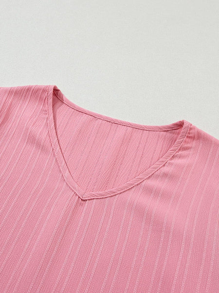 Peach Blossom Textured V Neck Ruffle Sleeve Top