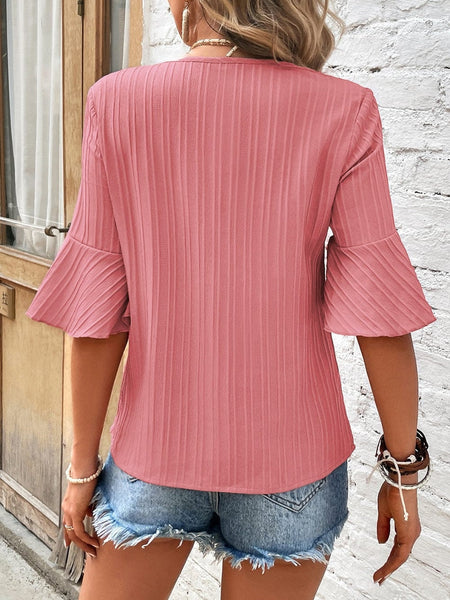 Peach Blossom Textured V Neck Ruffle Sleeve Top