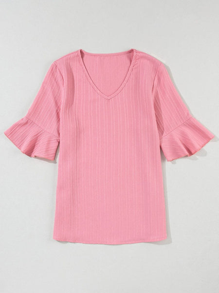 Peach Blossom Textured V Neck Ruffle Sleeve Top