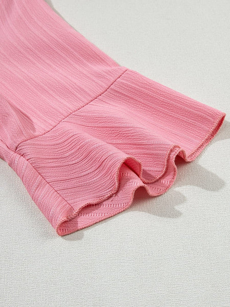 Peach Blossom Textured V Neck Ruffle Sleeve Top