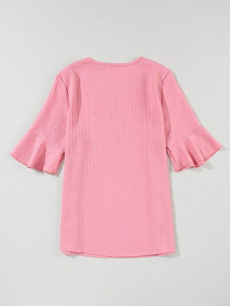 Peach Blossom Textured V Neck Ruffle Sleeve Top