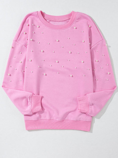 Pearl Embellished Pink Crew Neck Sweatshirt