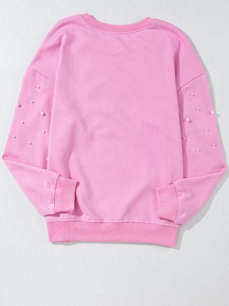 Pearl Embellished Pink Crew Neck Sweatshirt