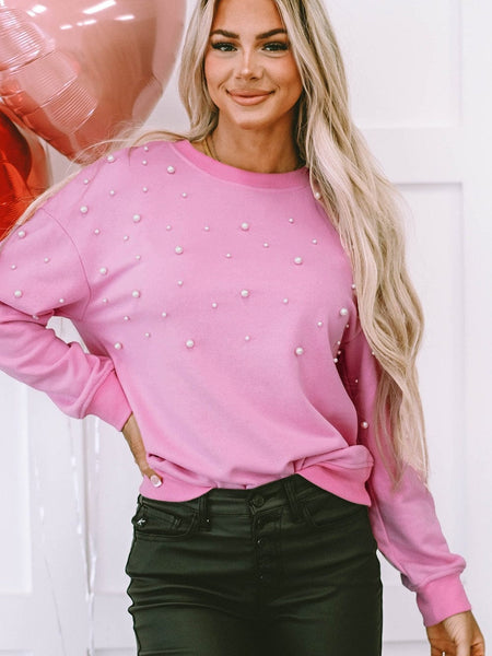 Pearl Embellished Pink Crew Neck Sweatshirt