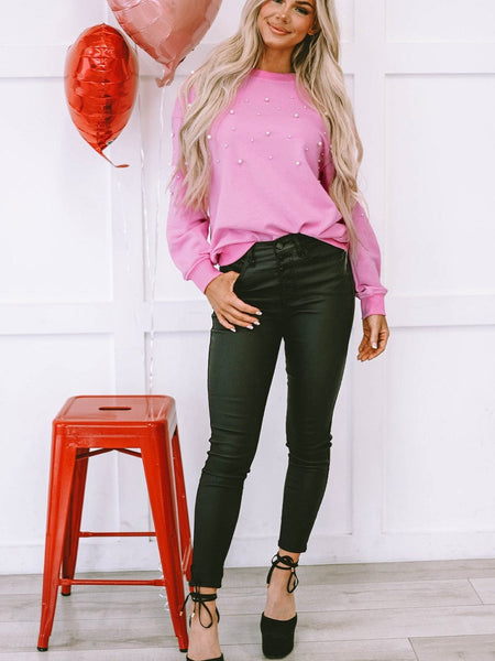 Pearl Embellished Pink Crew Neck Sweatshirt