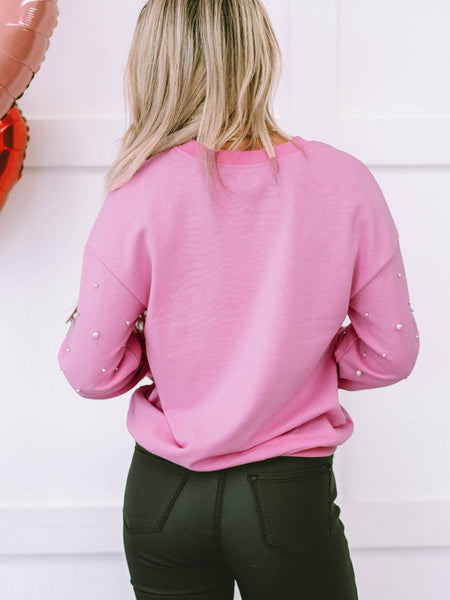 Pearl Embellished Pink Crew Neck Sweatshirt
