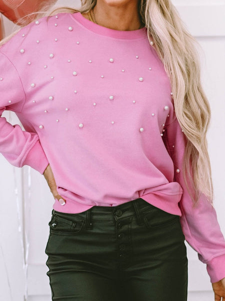 Pearl Embellished Pink Crew Neck Sweatshirt