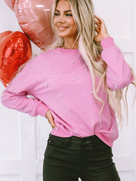 Pearl Embellished Pink Crew Neck Sweatshirt
