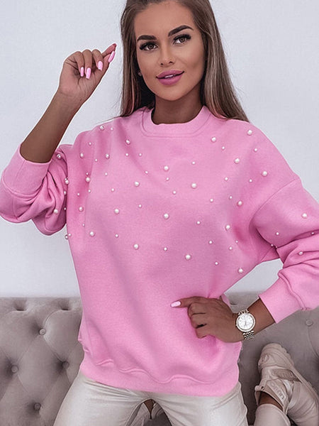 Pearl Embellished Pink Crew Neck Sweatshirt