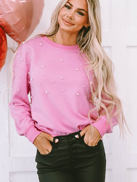 Pearl Embellished Pink Crew Neck Sweatshirt