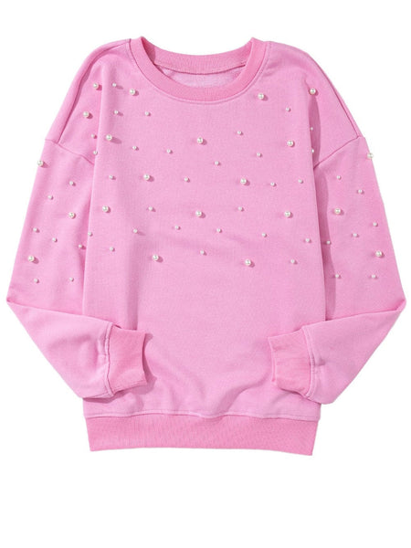 Pearl Embellished Pink Crew Neck Sweatshirt