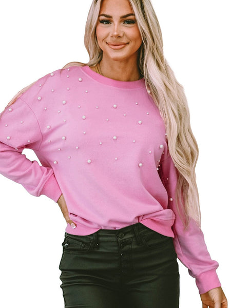 Pearl Embellished Pink Crew Neck Sweatshirt