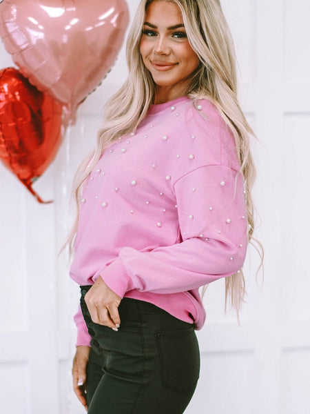 Pearl Embellished Pink Crew Neck Sweatshirt