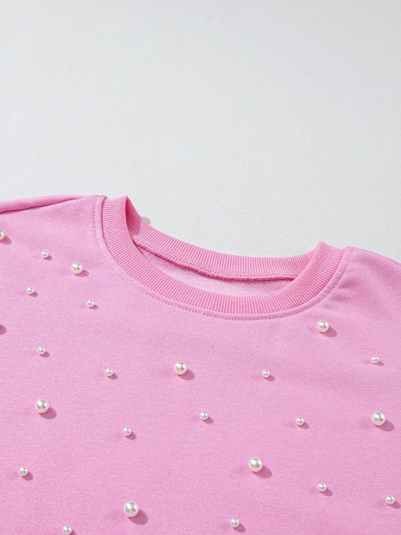 Pearl Embellished Pink Crew Neck Sweatshirt