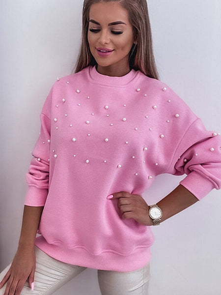 Pearl Embellished Pink Crew Neck Sweatshirt