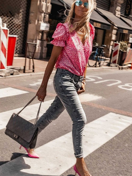 Pink Abstract Printed Ruffle Sleeve V-Neck Shirt