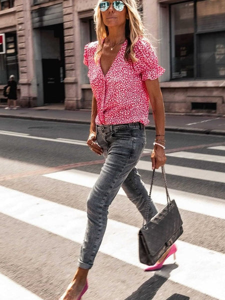 Pink Abstract Printed Ruffle Sleeve V-Neck Shirt