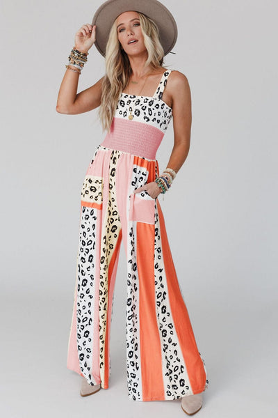Orange and Pink Leopard Print Wide Leg Jumpsuit
