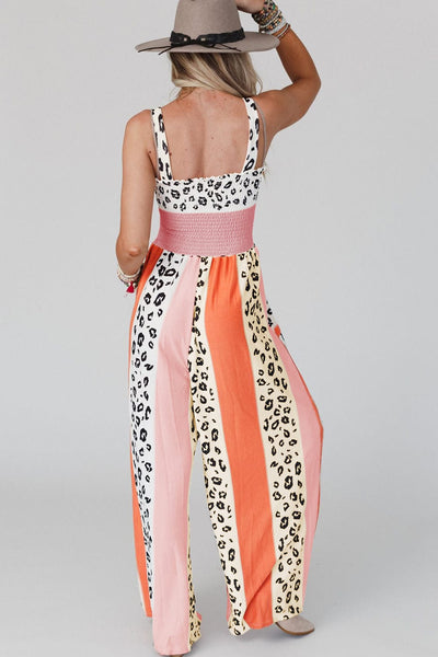 Orange and Pink Leopard Print Wide Leg Jumpsuit