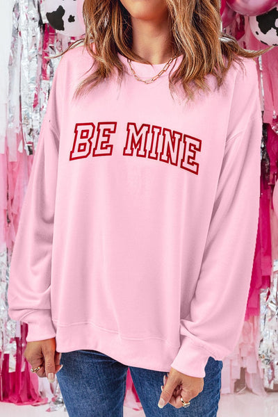 Pink "BE MINE" Puff Print Crewneck Sweatshirt
