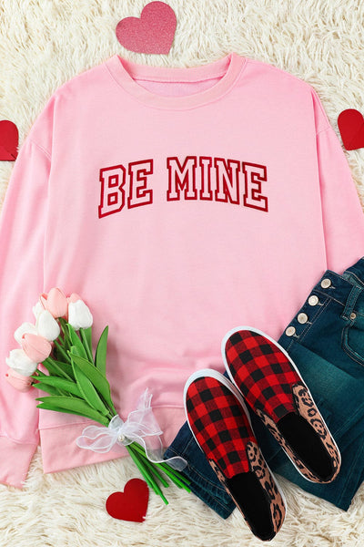 Pink "BE MINE" Puff Print Crewneck Sweatshirt