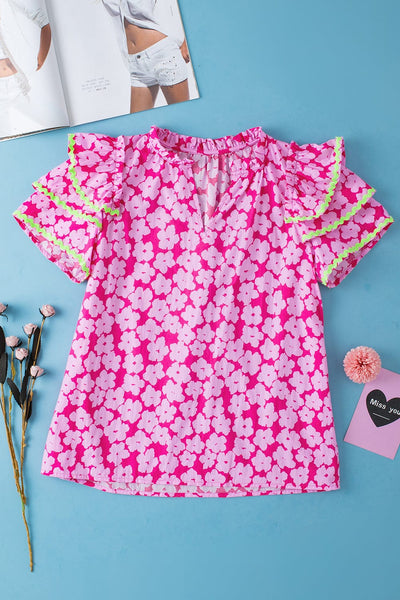 Pink Blossom Ruffle Sleeve Blouse with Ric Rac Detail