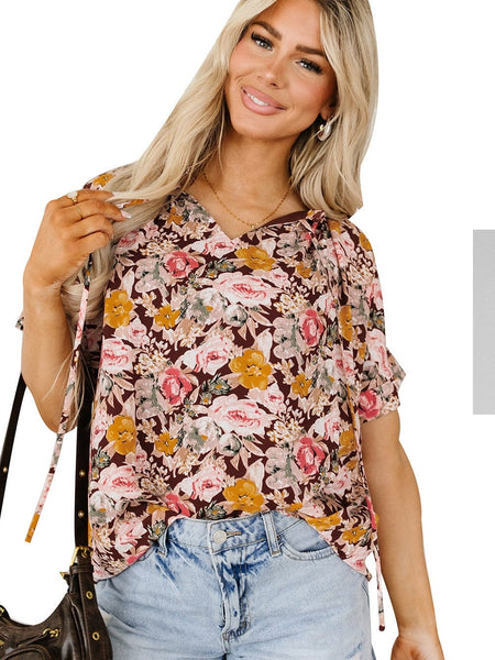 Pink Blossom Split Neck Blouse with Bubble Hem