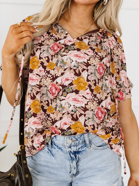 Pink Blossom Split Neck Blouse with Bubble Hem