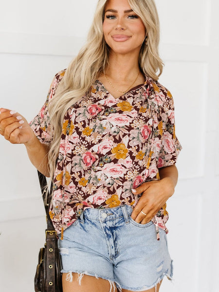 Pink Blossom Split Neck Blouse with Bubble Hem