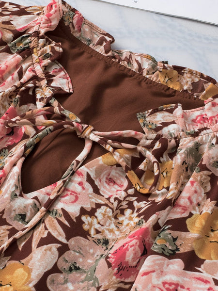 Pink Blossom Split Neck Blouse with Bubble Hem